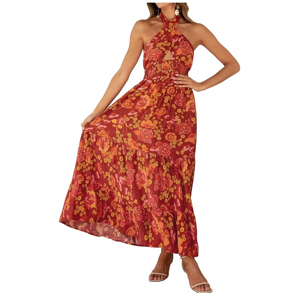 Zesica Floral Maxi Dress‎ Womens Large Red Boho Halter Backless Tiered Summer